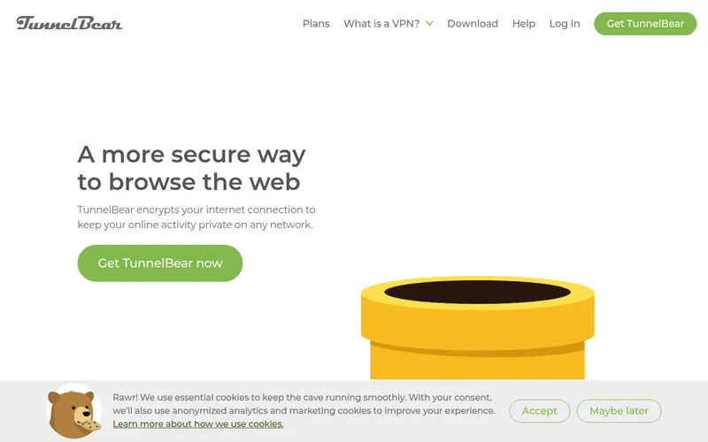 Screenshot of the TunnelBear homepage