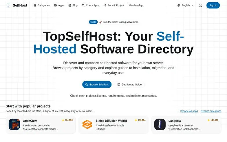 Screenshot of the TopSelfHost homepage