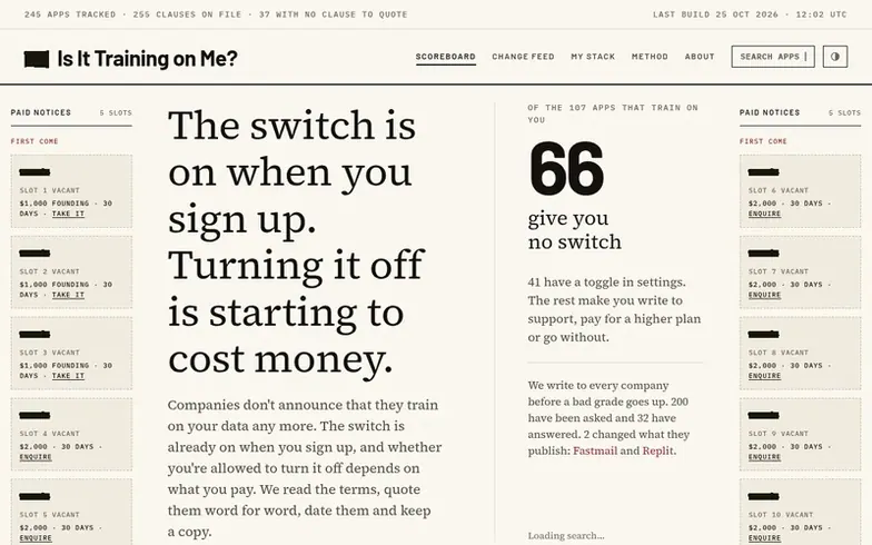 Screenshot of the Is It Training on Me? homepage
