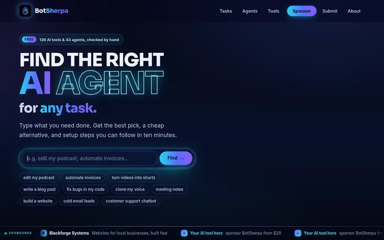 Screenshot of the BotSherpa homepage